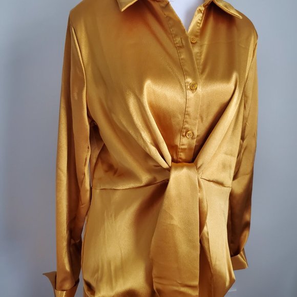 Glamourous Gold Satin Short Shirt Dress Front Tie Ruched Skirt Long Sleeve Luxe - Picture 3 of 10